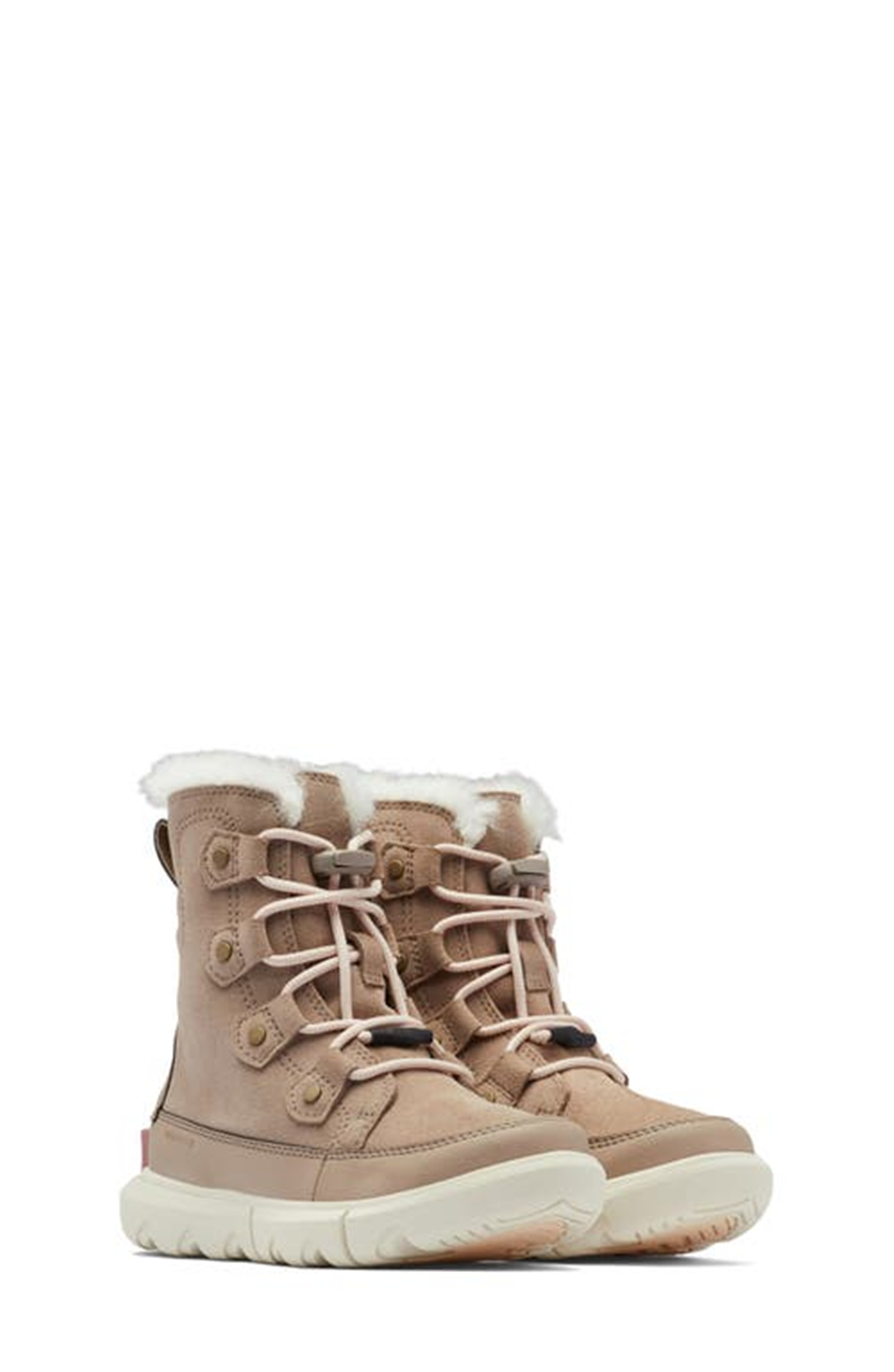 Bota impermeável SOREL Explorer com forro de pele sintética em Omega Taupe/Chalk, tamanho 12M