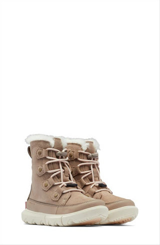 Bota impermeável SOREL Explorer com forro de pele sintética em Omega Taupe/Chalk, tamanho 12M
