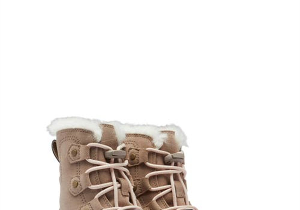 Bota impermeável SOREL Explorer com forro de pele sintética em Omega Taupe/Chalk, tamanho 12M