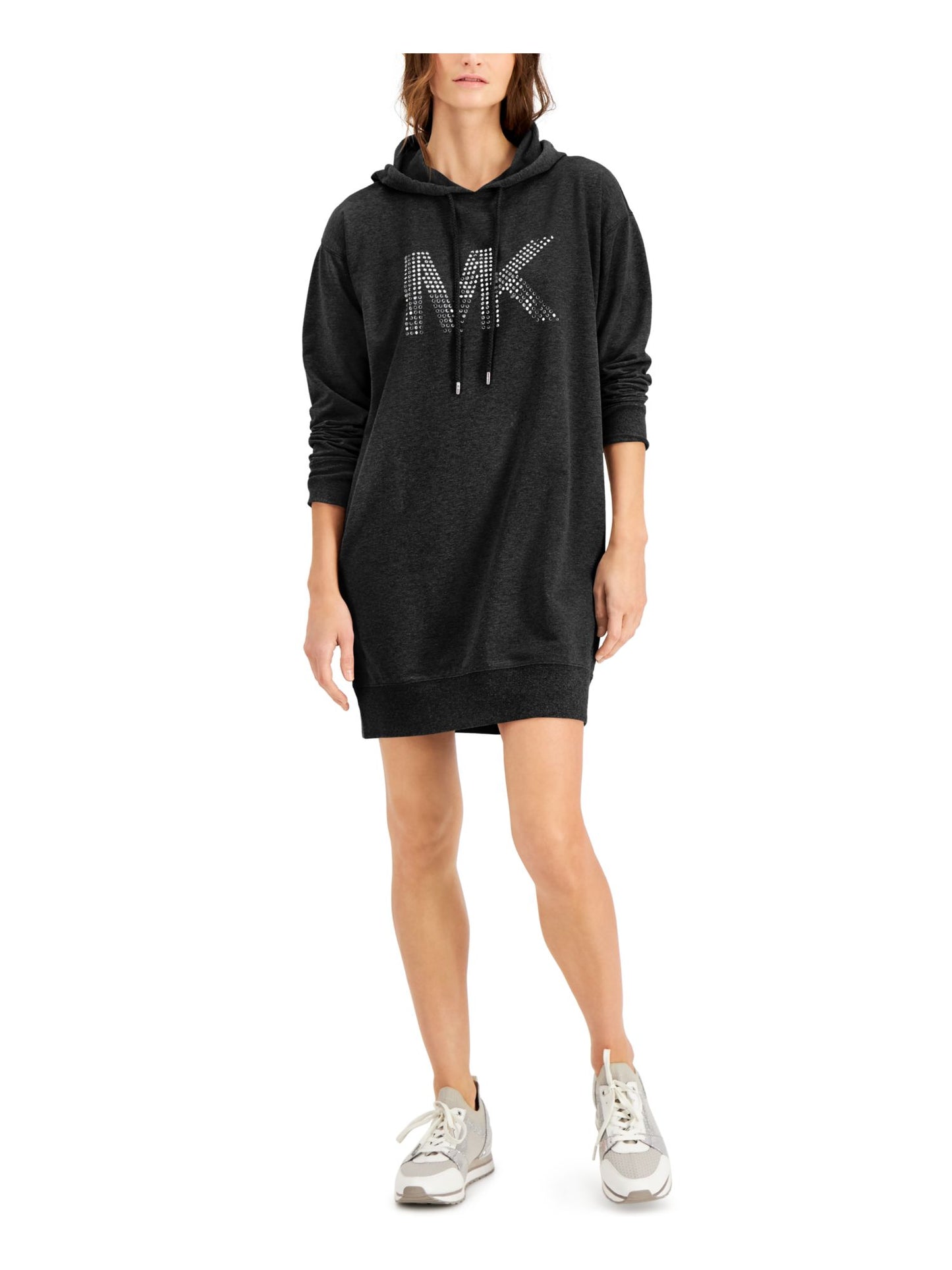 Vestido feminino Michael Kors com strass e manga comprida acima do joelho, preto, tamanho extragrande