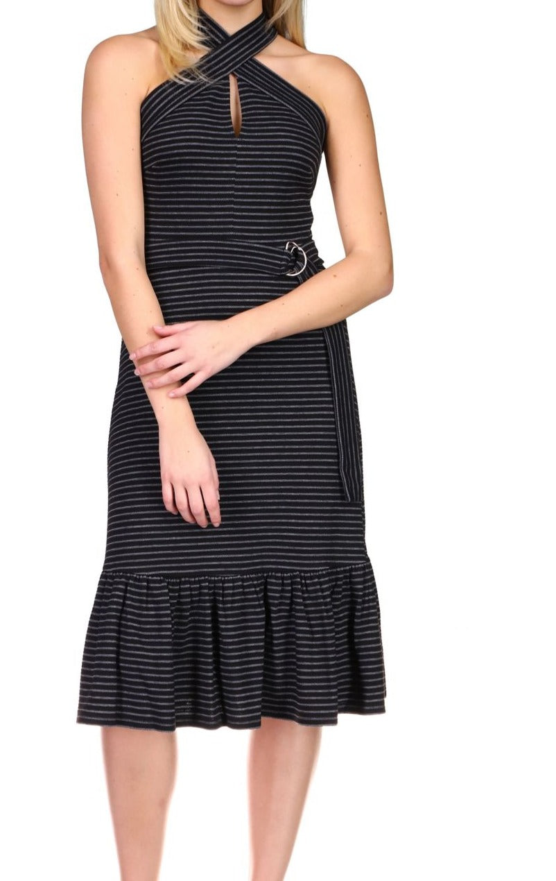 Vestido midi listrado com cinto feminino Michael Kors, preto, tamanho grande