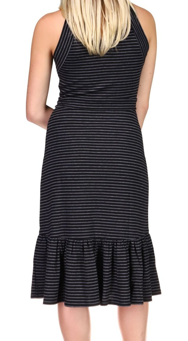 Vestido midi listrado com cinto feminino Michael Kors, preto, tamanho grande