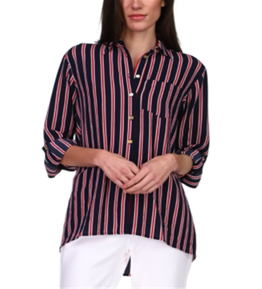 Camisa listrada grande com botões Michael Kors feminina, azul, tamanho extragrande