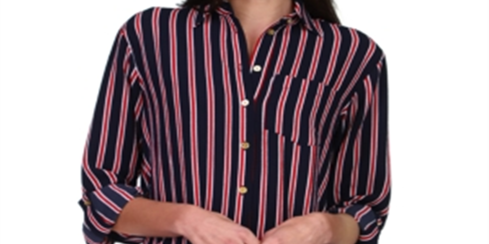 Camisa listrada grande com botões Michael Kors feminina, azul, tamanho extragrande