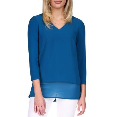 Blusa feminina Michael Kors em camadas com estampa de mídia mista, azul, tamanho pequeno, extragrande