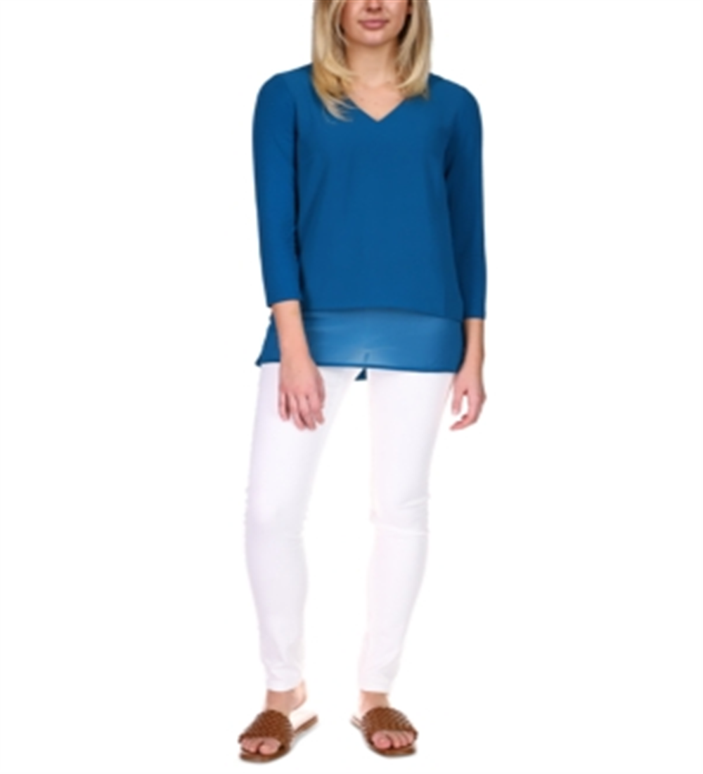 Blusa feminina Michael Kors em camadas com estampa de mídia mista, azul, tamanho pequeno, extragrande