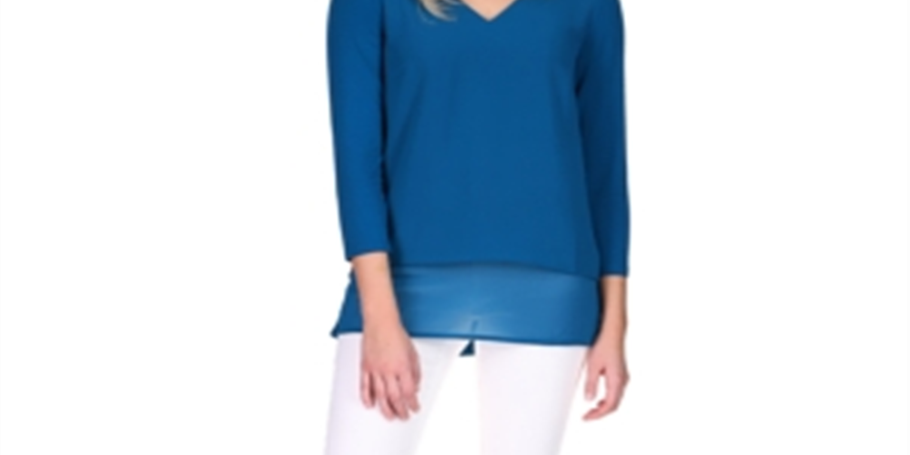Blusa feminina Michael Kors em camadas com estampa de mídia mista, azul, tamanho pequeno, extragrande