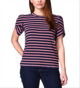 Blusa de malha listrada com manga tulipa feminina Michael Kors, azul, tamanho pequeno grande