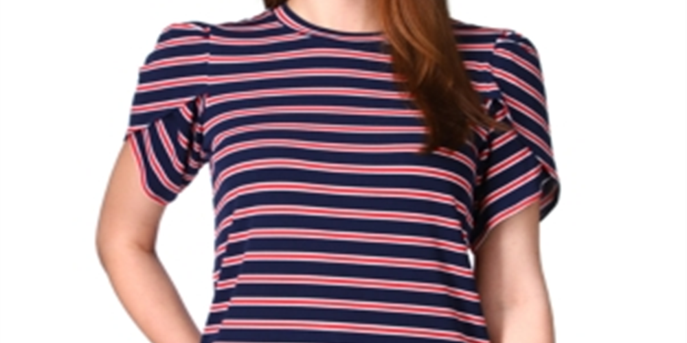 Blusa de malha listrada com manga tulipa feminina Michael Kors, azul, tamanho pequeno grande