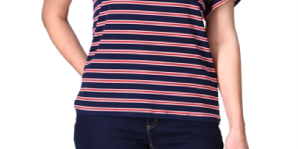 Blusa de malha listrada com manga tulipa feminina Michael Kors, azul, tamanho pequeno grande