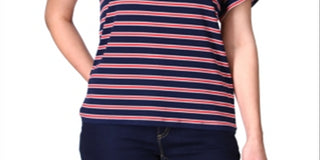 Blusa de malha listrada com manga tulipa feminina Michael Kors, azul, tamanho pequeno grande