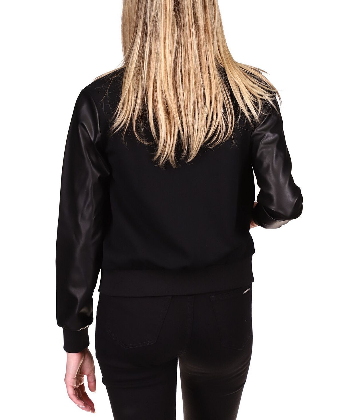 Jaqueta bomber feminina Michael Kors Mix Media, preta, tamanho pequeno médio