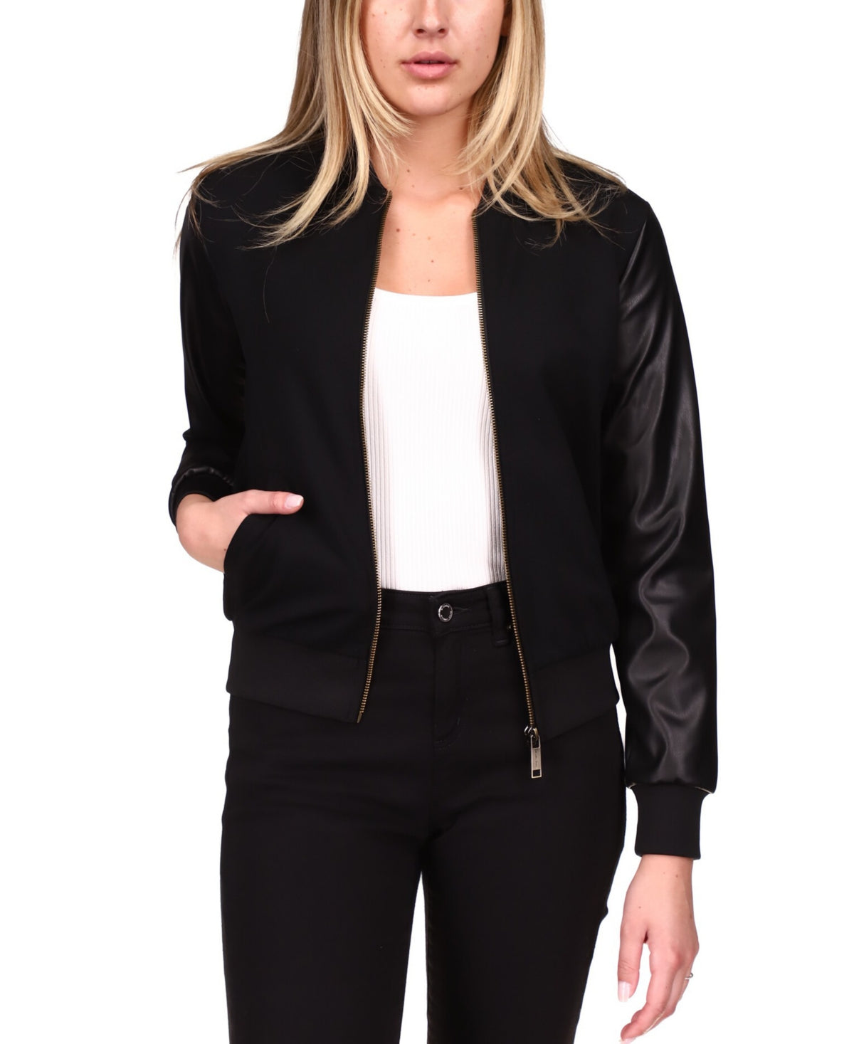 Jaqueta bomber feminina Michael Kors Mix Media, preta, tamanho pequeno médio