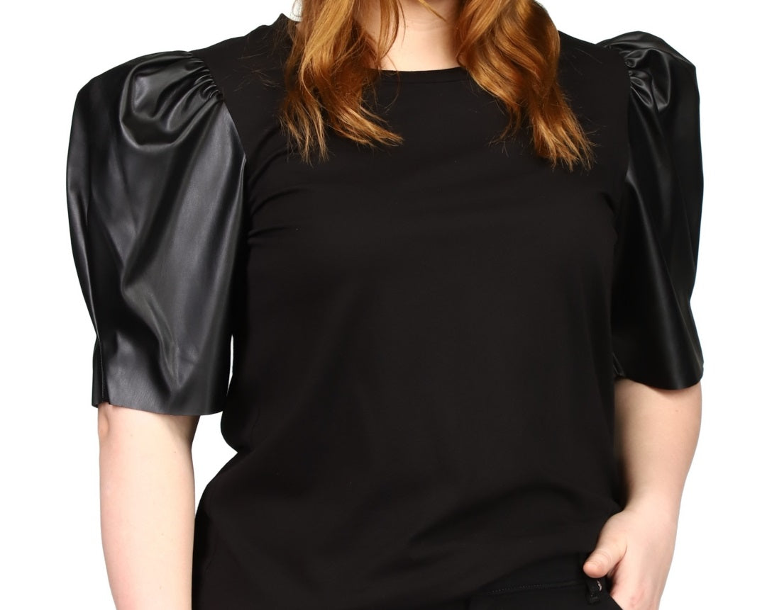 Blusa feminina Michael Kors de couro sintético com manga bufante, preta, tamanho 0X