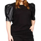 Blusa feminina Michael Kors de couro sintético com manga bufante, preta, tamanho 3X
