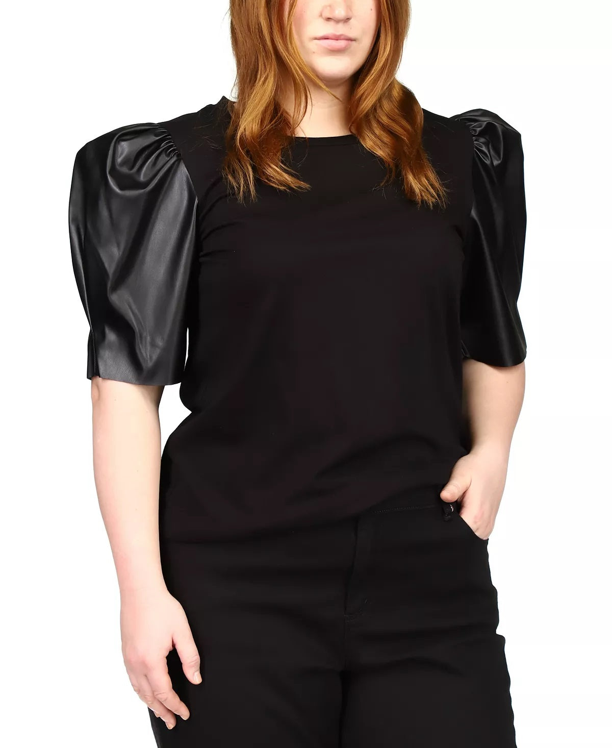 Blusa feminina Michael Kors de couro sintético com manga bufante, preta, tamanho 3X