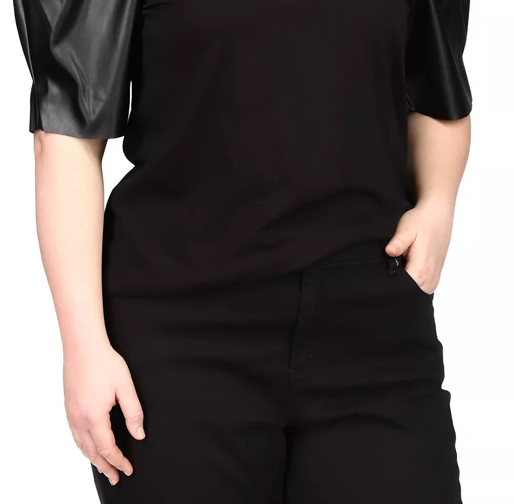 Blusa feminina Michael Kors de couro sintético com manga bufante, preta, tamanho 3X