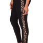 Leggings femininas listradas de chita Michael Kors, pretas, tamanho pequeno grande