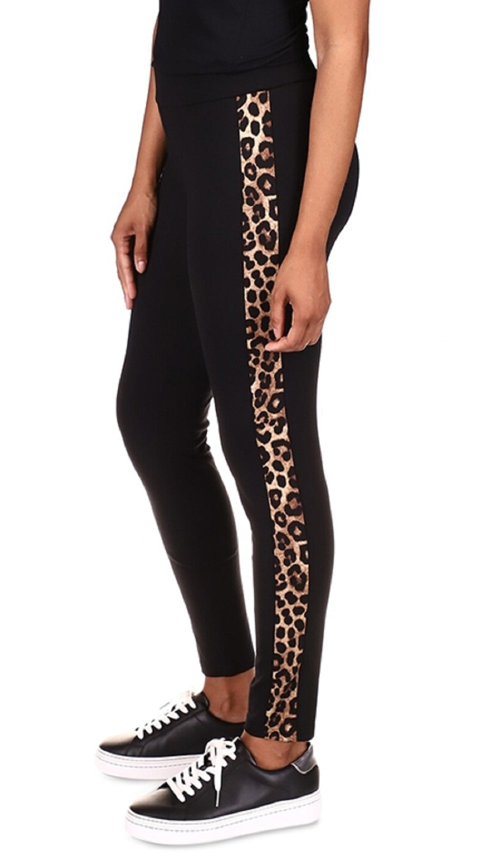 Leggings femininas listradas de chita Michael Kors, pretas, tamanho pequeno grande