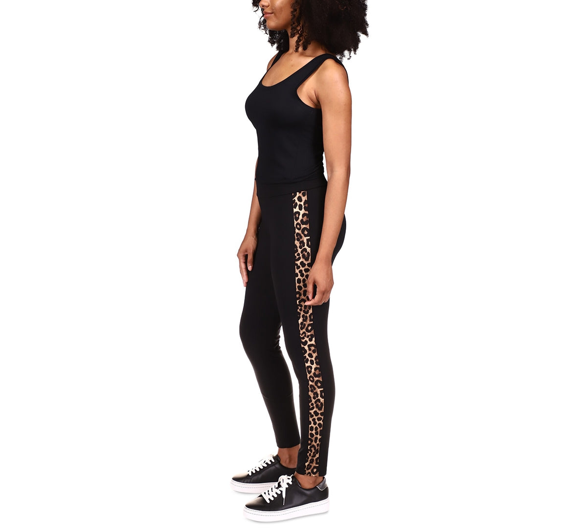 Leggings femininas listradas de chita Michael Kors, pretas, tamanho pequeno grande
