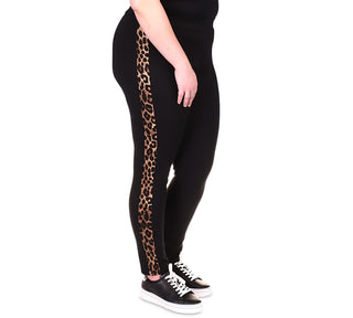 Leggings femininas listradas de chita Michael Kors, pretas, tamanho 0X