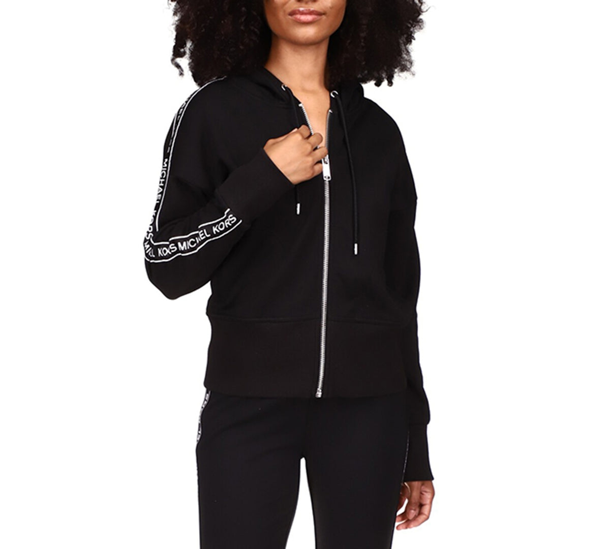 Moletom com capuz feminino Michael Kors com zíper e listras e logotipo, preto, tamanho pequeno médio