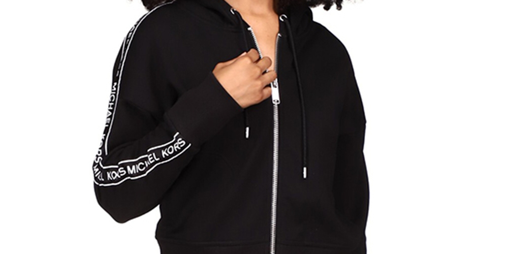 Moletom com capuz feminino Michael Kors com zíper e listras e logotipo, preto, tamanho pequeno médio