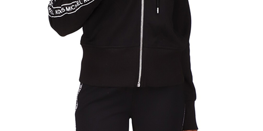 Moletom com capuz feminino Michael Kors com zíper e listras e logotipo, preto, tamanho pequeno médio