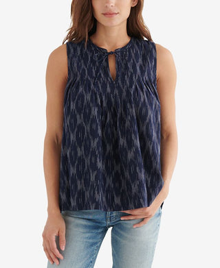 Blazer feminino Lucky Brand de algodão estampado com decote em V, azul, tamanho X-S