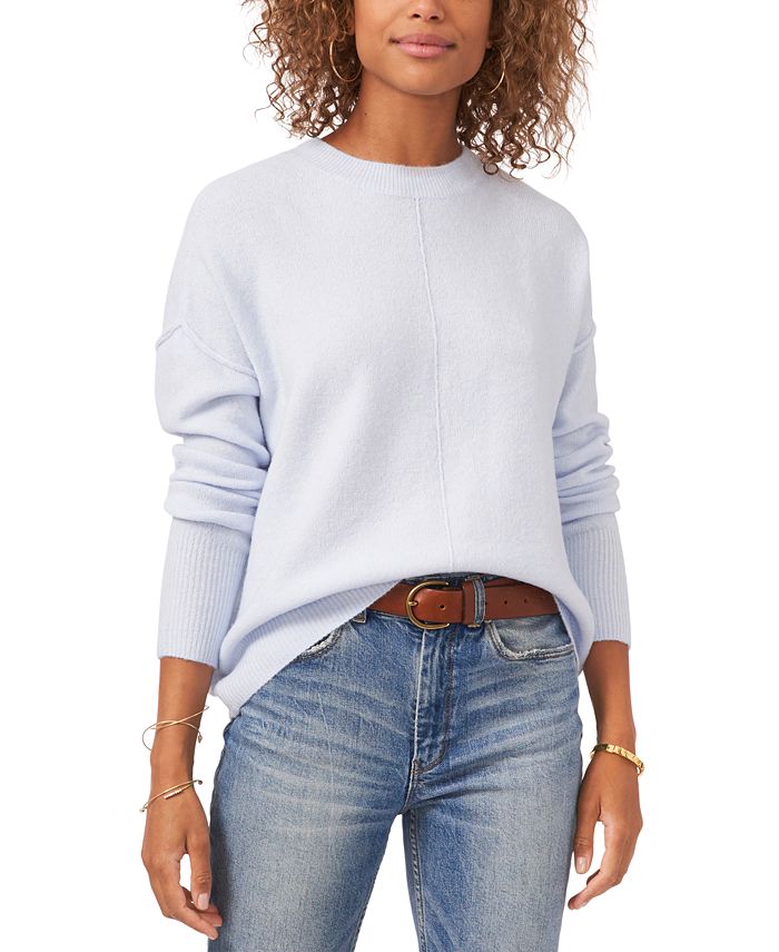 Suéter feminino Vince Camuto com gola redonda e costura central, azul, tamanho médio