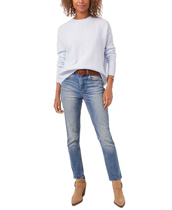 Suéter feminino Vince Camuto com gola redonda e costura central, azul, tamanho médio