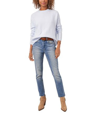 Suéter feminino Vince Camuto com gola redonda e costura central, azul, tamanho médio