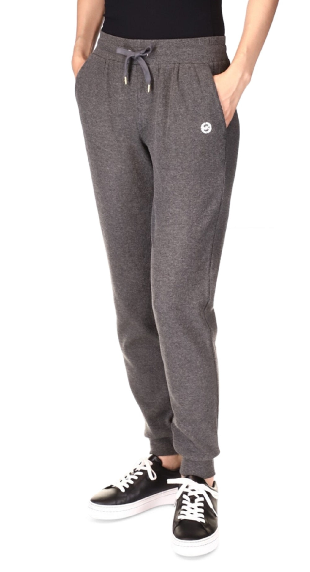 Calça jogger feminina Michael Kors em malha waffle com cordão, cinza, tamanho pequeno, extragrande