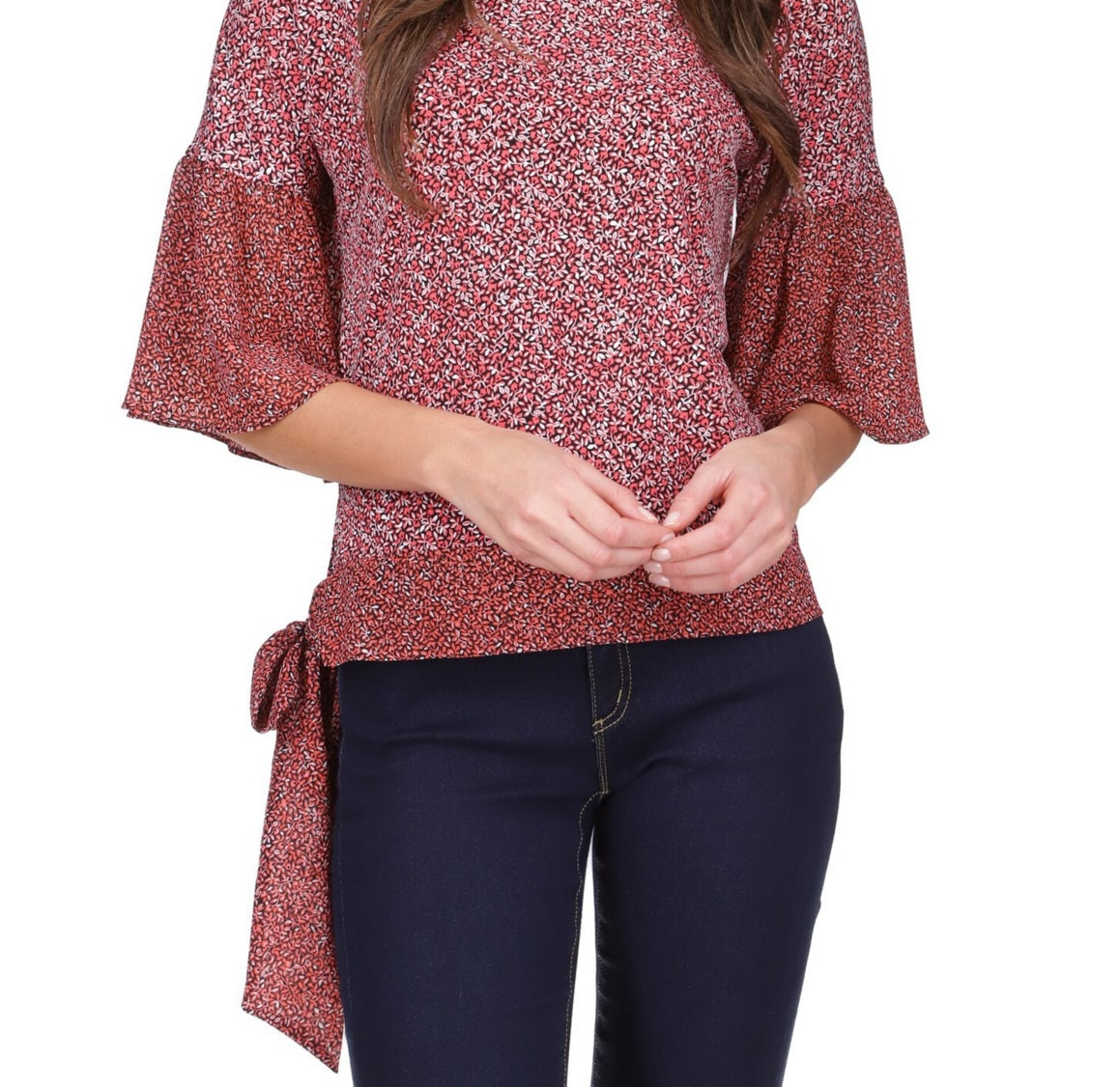 Blusa feminina Michael Kors com manga sino e amarração na bainha, vermelha, tamanho pequeno, extragrande