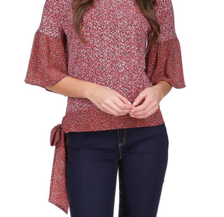 Blusa feminina Michael Kors com manga sino e amarração na bainha, vermelha, tamanho pequeno, extragrande