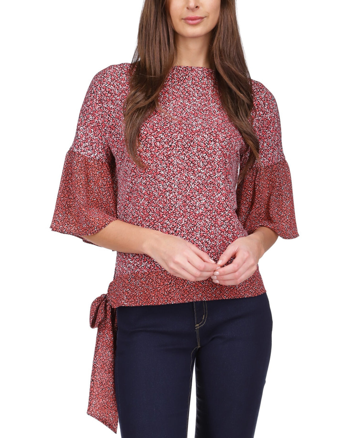 Blusa feminina Michael Kors com manga sino e amarração na bainha, vermelha, tamanho pequeno, extragrande