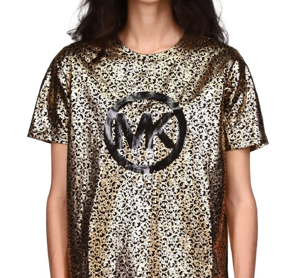 Camiseta feminina Michael Kors com logotipo Scatter Foil, preta, tamanho pequeno e pequeno