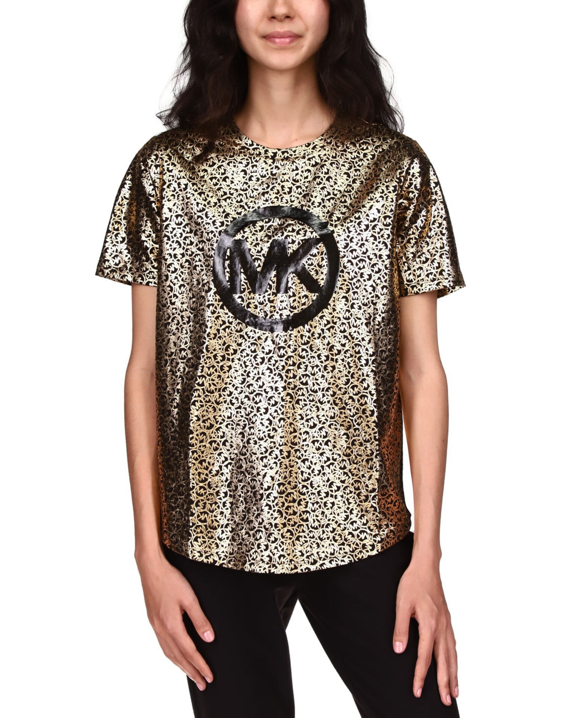 Camiseta feminina Michael Kors com logotipo Scatter Foil, preta, tamanho pequeno e pequeno