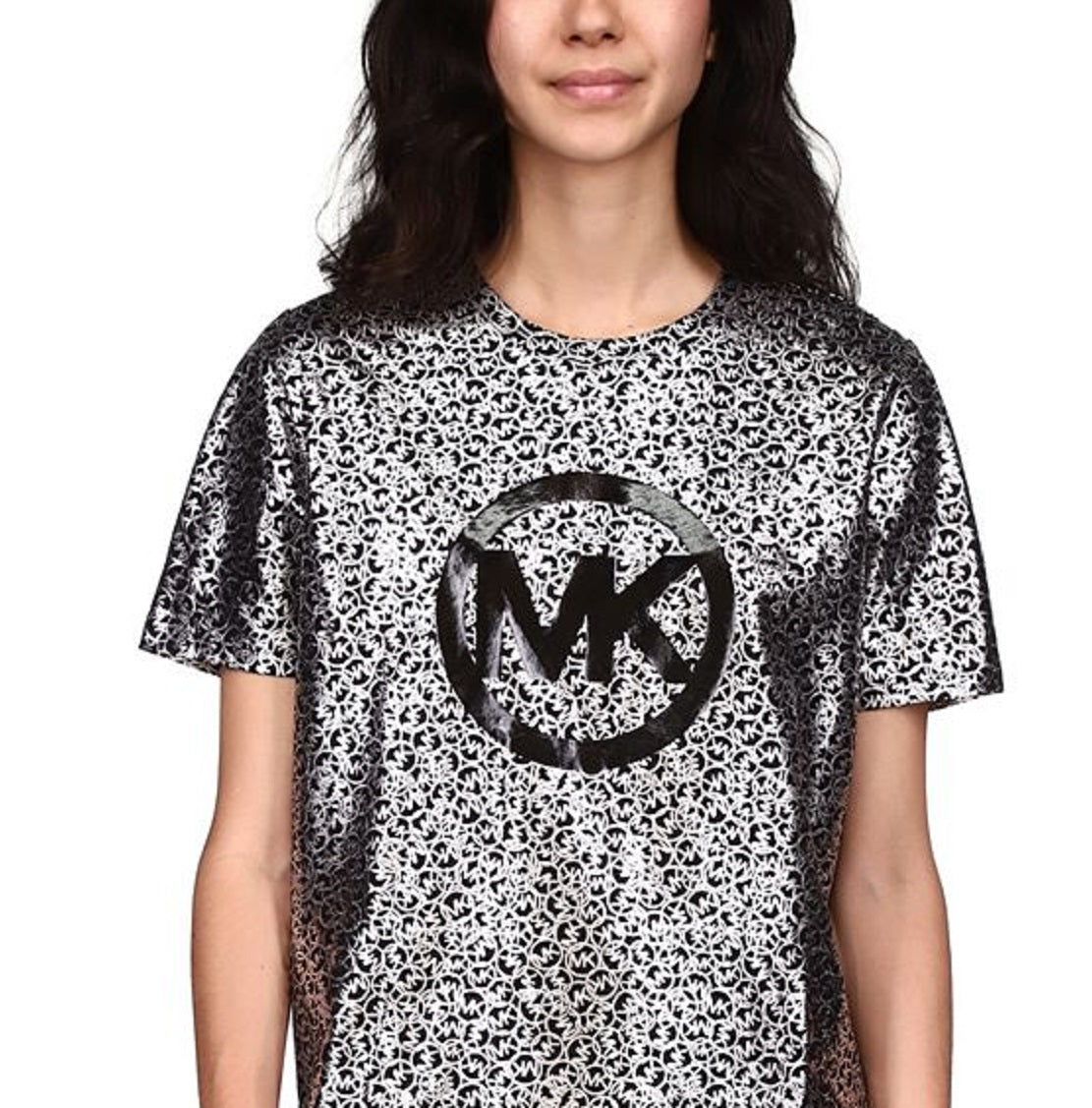 Camiseta feminina Michael Kors com estampa de folha Scatter Foil, cinza, tamanho pequeno, médio