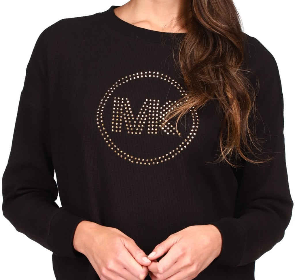 Blusa feminina Michael Kors com strass e manga comprida, preta, tamanho pequeno grande