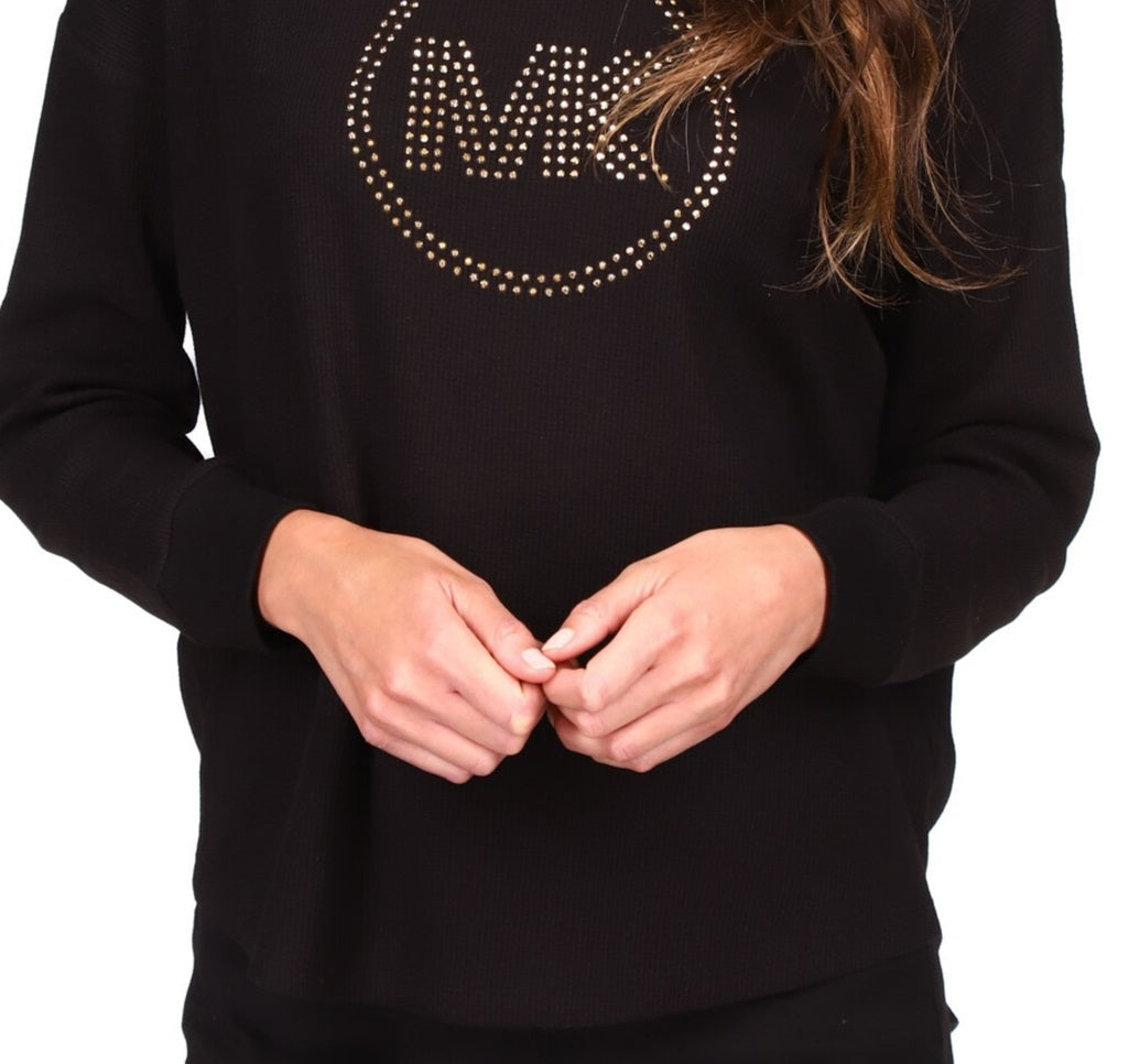 Blusa feminina Michael Kors com strass e manga comprida, preta, tamanho pequeno grande