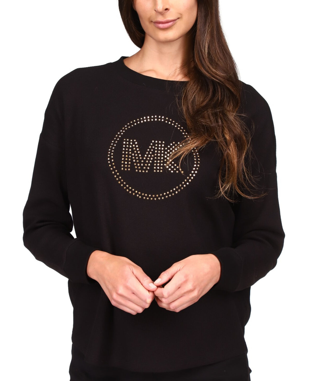 Blusa feminina Michael Kors com strass e manga comprida, preta, tamanho pequeno grande