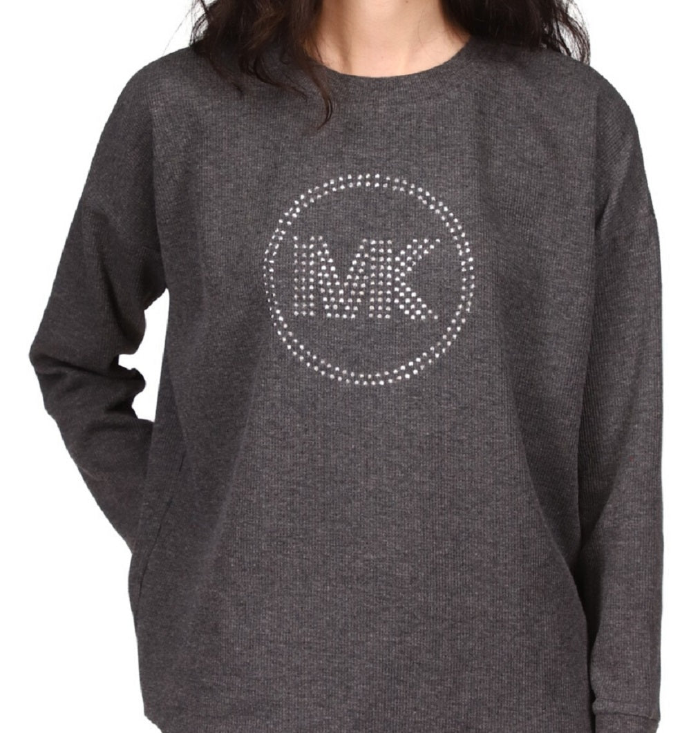 Blusa feminina Michael Kors com strass e manga comprida, cinza, tamanho pequeno médio