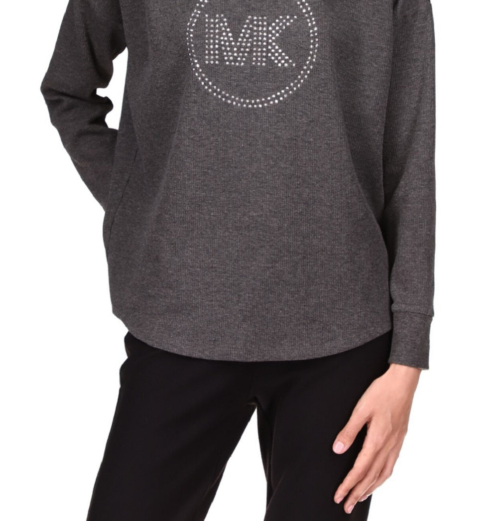 Blusa feminina Michael Kors com strass e manga comprida, cinza, tamanho pequeno médio