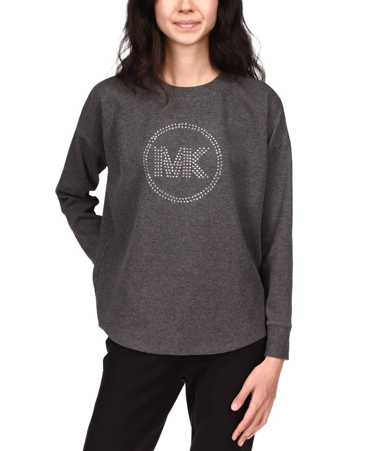 Blusa feminina Michael Kors com strass e manga comprida, cinza, tamanho pequeno médio
