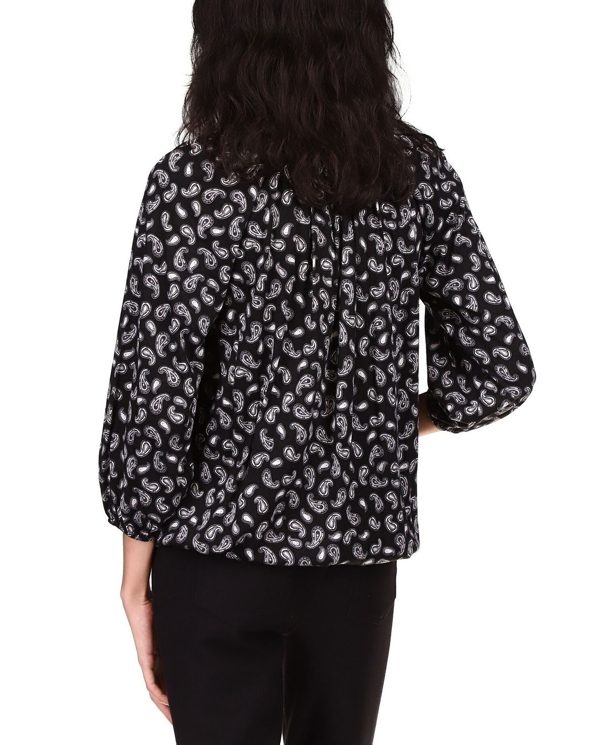 Blusa camponesa com estampa paisley feminina Michael Kors, cinza, tamanho pequeno, extragrande