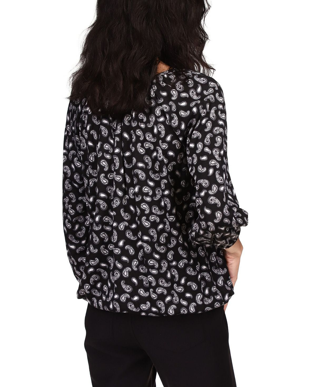 Blusa camponesa com estampa paisley feminina Michael Kors, cinza, tamanho pequeno, extragrande