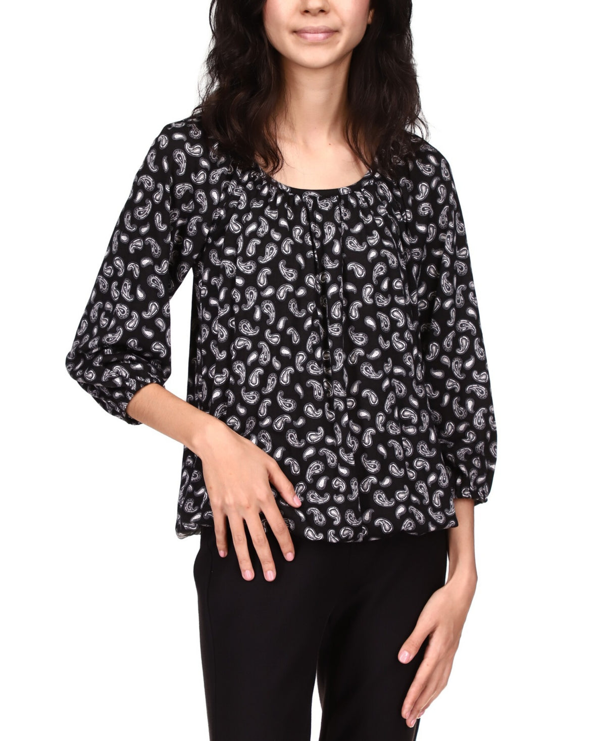 Blusa camponesa com estampa paisley feminina Michael Kors, cinza, tamanho pequeno, extragrande