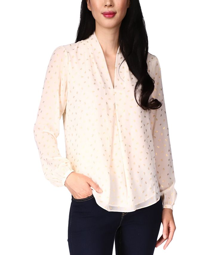 Blusa plissada feminina Michael Kors com estampa de folha, branca, tamanho médio