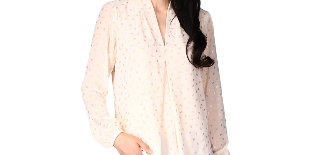 Blusa plissada feminina Michael Kors com estampa de folha, branca, tamanho médio